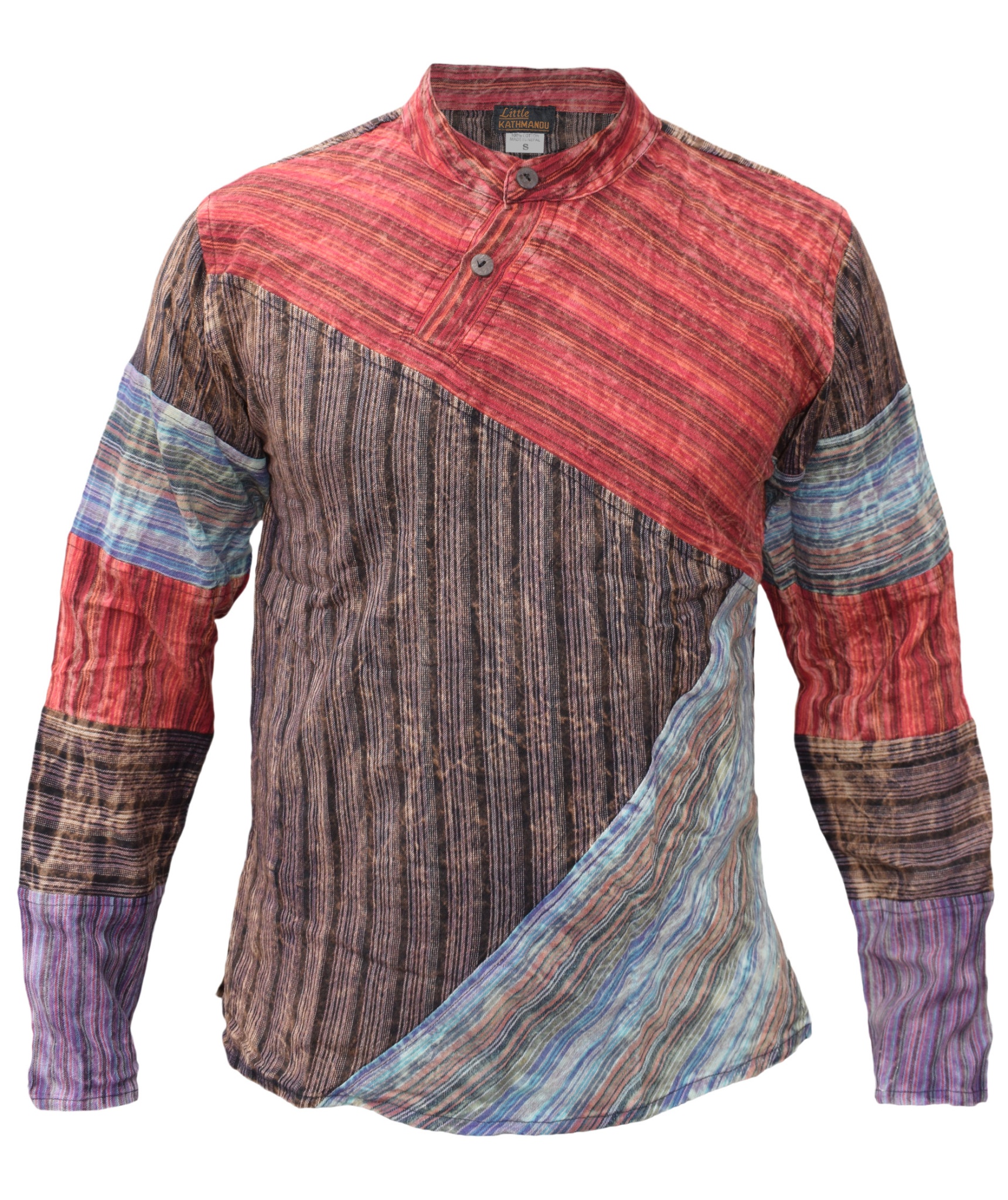 Criss Cross Patchwork Striped Cotton Grandad Shirts-4604