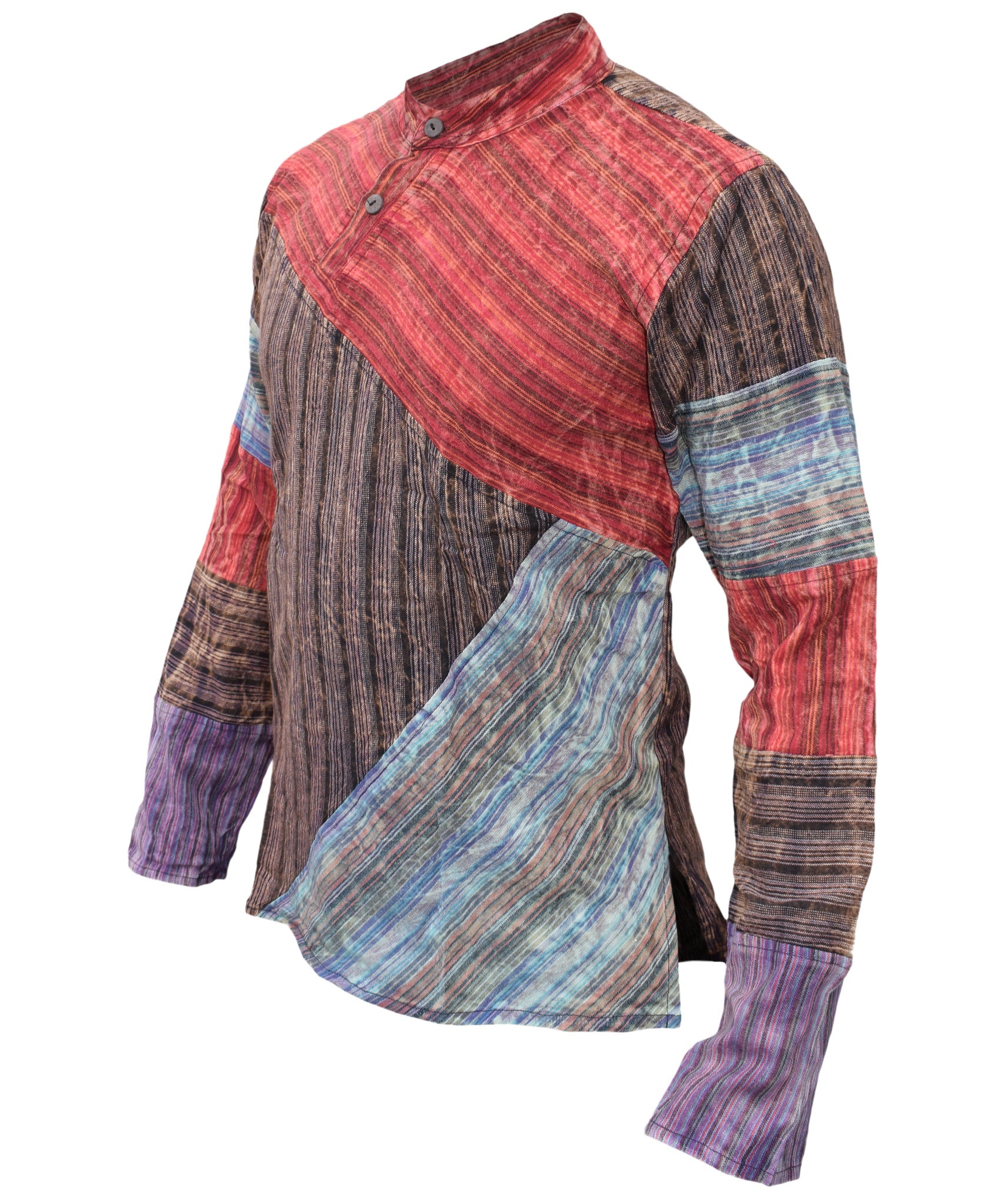 Criss Cross Patchwork Striped Cotton Grandad Shirts-4606