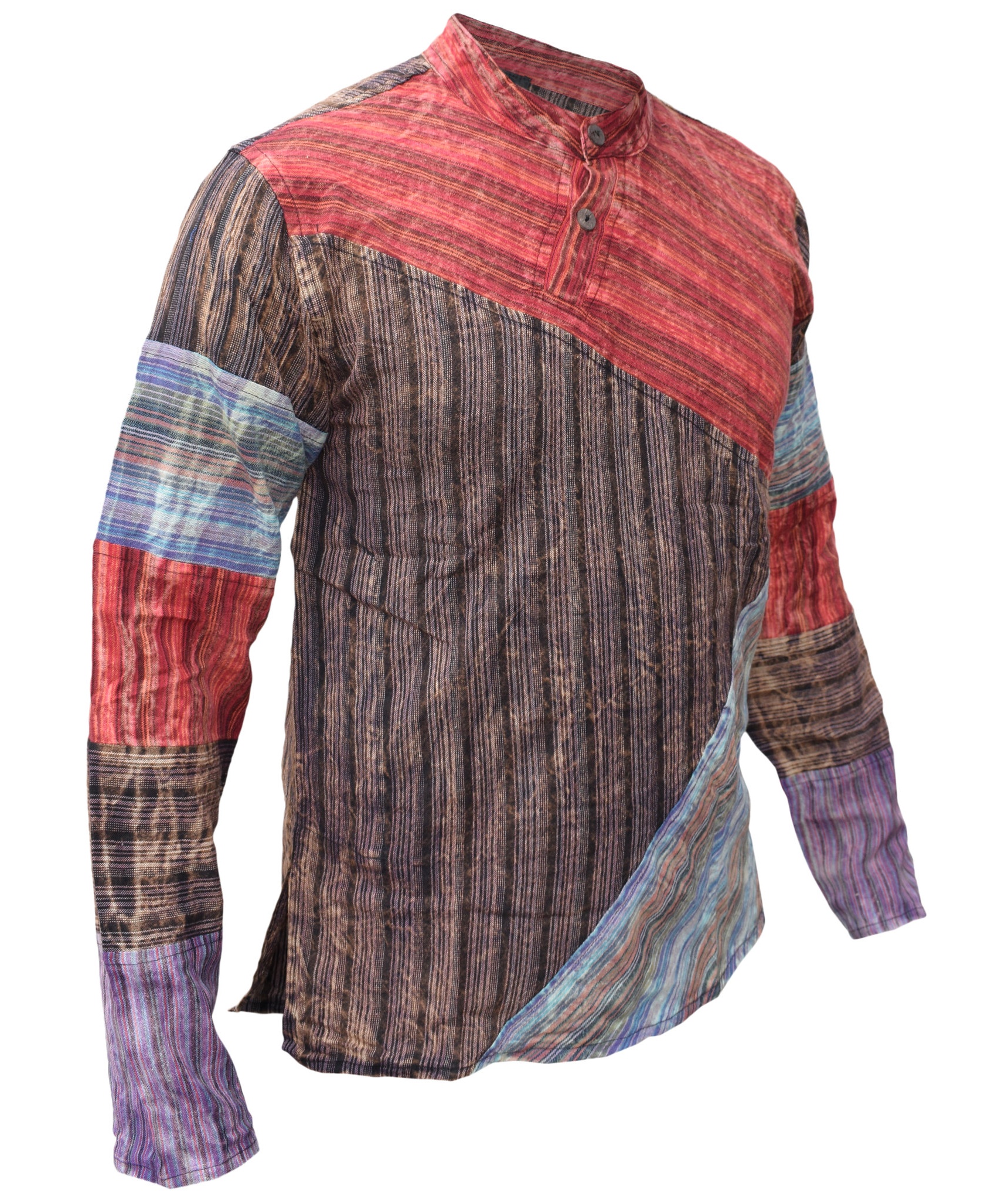 Criss Cross Patchwork Striped Cotton Grandad Shirts-4605